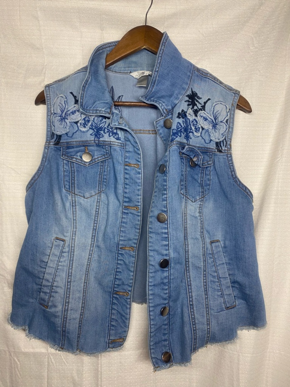 Christopher & Banks Light Blue Denim Vest with Navy Floral Stitching Summer Vibe